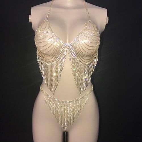 Gold Stones Fringe Hollow Bra Short Prom Party Underwear Dance Team Pendant Outfit Set Women Singer Bikini Clothes Set
