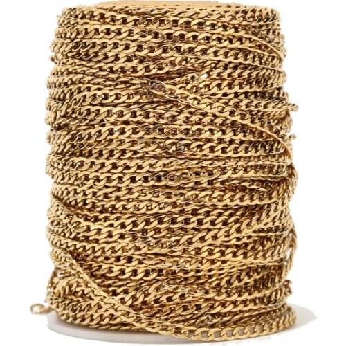 2Meters Gold Tone 4mm Width Curb Link Chain Stainless Steel NK 1:1 Chains For DIY Handmade Necklaces Bracelets Jewelry Making