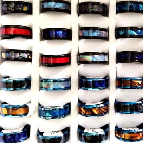 36pcs Black Blue Mix 8mm Comfort Fit Stainless Steel Shell Ring Mens Cool Jewelry Man Gift Sizes US 7-11 Unique Design