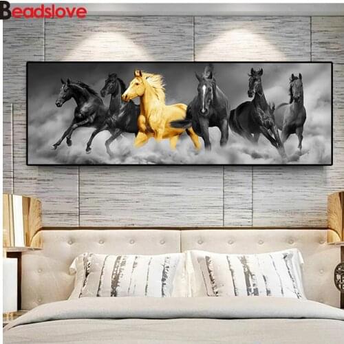 Running Black Horse large 5d diy diamond painting full square round diamond embroidery animals picture for living room decor