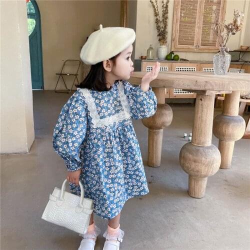 Children Autumn Clothing 2021 autumn Korean Girl French Square Collar Pastoral Lace Floral Puff Sleeve Dress