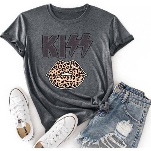 Kiss Letter Leopard Lips Print Womens Tshirts Cute Graphic Vintage T Shirt Causal Harajuku Summer Oversized Clothes Female Tops