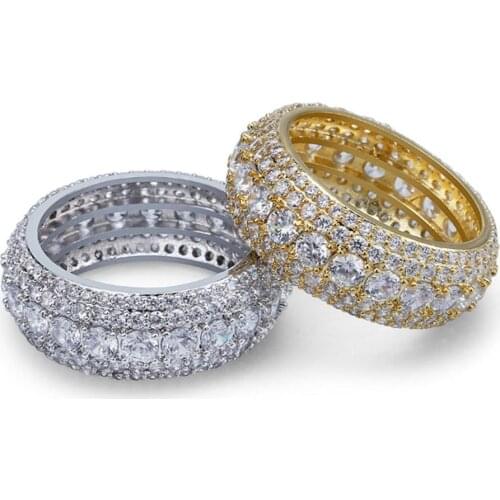 Hip Hop Men Gold Color Micro Inlaid Five Rows Full Zircon Ring Ice Out Cuban Jewerly Ring Hip Hop For Men