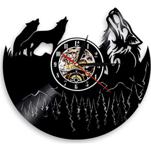 1Piece Wolf Vinyl Record Wall Clock Wild Animals LED Black Hanging Modern LP Vintage Illuminated Home Decor Art Handmade Gift