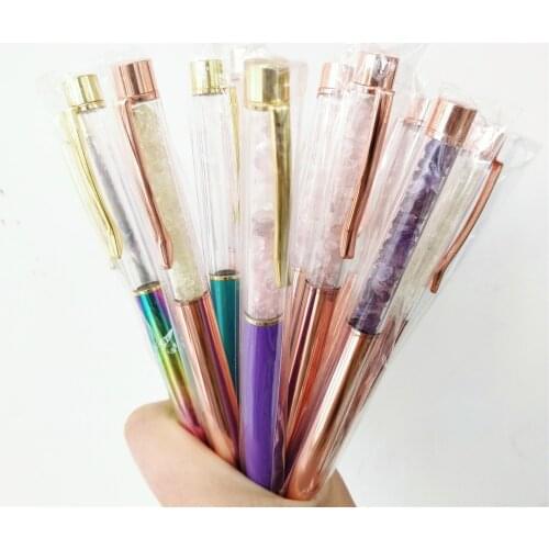 5PC Office Ballpoint Pen Blackwater Pen With Natural Tourmaline/Olivine/Rose Crystal/Citrine Crystal Gravel Tumbled Stone Decor