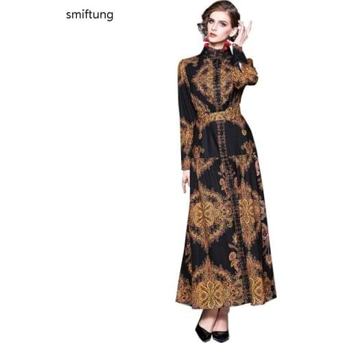 Wholesale smiftung spring fashion dress / Vintage long casual dress / court style printing long sleeve dress