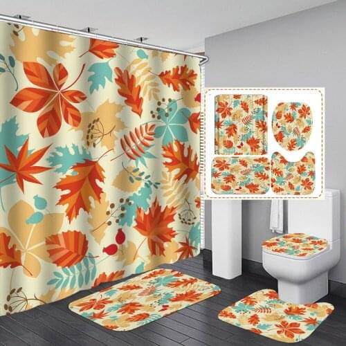 Autumn Scenery Maple Leaves Print Shower Curtain with Rug Mat + Lid Toilet Cover Bathroom Curtain Hooks Set Polyester Waterproof