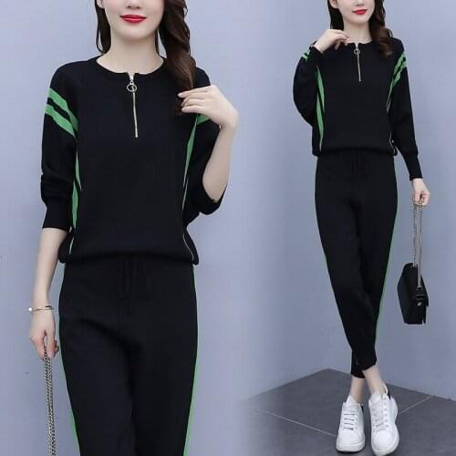 Large Size Autumn Sports Fashion Temperament Sweater Knitted Two-piece Set Womens Clothes Top&pants Set Year-old Female Costume