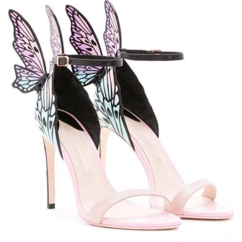 Sexy Butterfly Wings Ladies Sandals Mix Colors Thin High Heels Buckle Strap Sandale Femme 2019 Sweet Woman Party Wedding Shoes