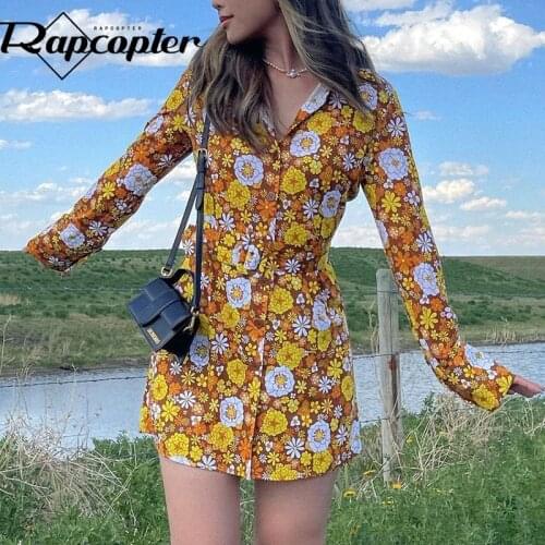 Rapcopter Floral Long Sleeve Mini Dress Turn Down Collar Shirt Dress Women Vintage y2k Autumn Short Dress 2021 New Holiday Body