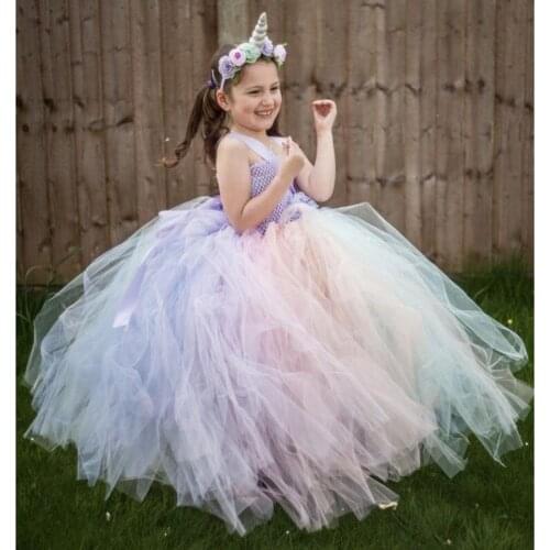 Girls Fluffy Pastel Unicorn Flower Tutu Dress Kids Crochet Tulle Long Dress Ball Gown with Hairbow Children Party Costume Dress