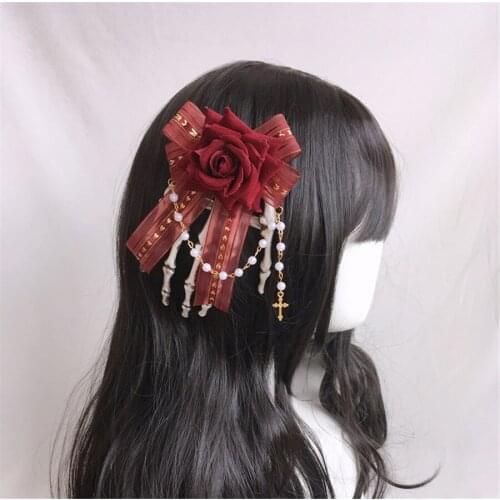 Retro Gothic Dark Lolita Hair Clip Skull Hand Bow Brooch Hairpin Headdress Cosplay Headwear D587