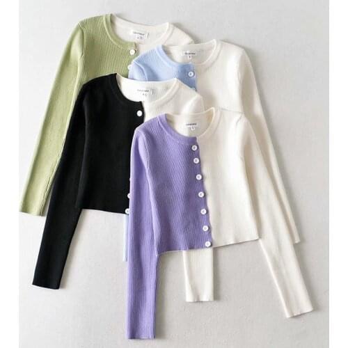 Long Sleeve Women O-Neck Sweaters Color Patchwork Slim Casual Navel Exposed Spring Knitted Cardigan Tops