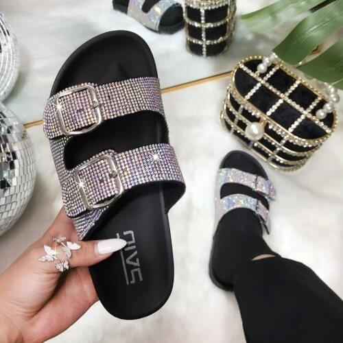 Fashion Summer Women Two Buckle Crystal Flat Sandals Ladies Rainbow PVC Non-slip Beach Flip Flops Outdoor Bling Casual Slippers