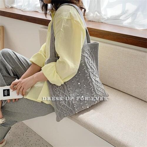 Female Woolen Knitted Braid Criss Cross With Pearl Handbag Teenager Crochet Winter Korean Retro Chic Large Capacity Shoulder Bag