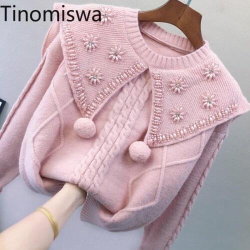 Tinomiswa Pearl Design Turn Down Collar Pink Sweater Women Sweet Casual Knit Top Long Sleeve Korean Fashion Cute Pullover Jumper