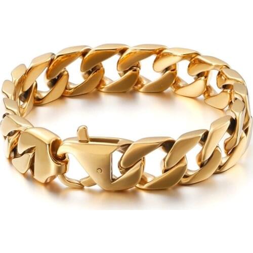 Punk Rock Gold Biker Link Chain Bracelets For Men Women 15mm Vintage Stainless Steel Curb Cuban Chain Bracelet Wristband Jewelry
