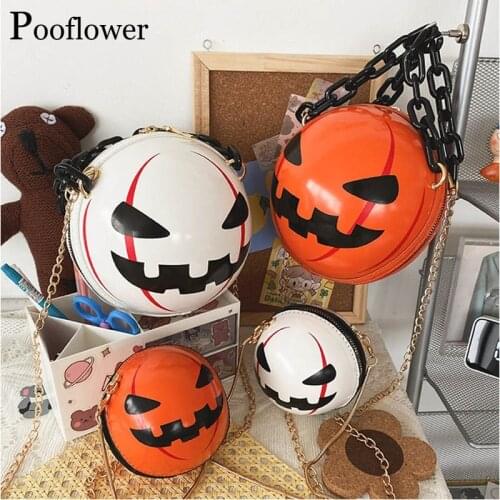 Pooflower Funny Pu Leather Halloween Pumpkin Bags for Women Small Chains Ball Shoulder Bags Lady Crossbody Bag Purse ZH466