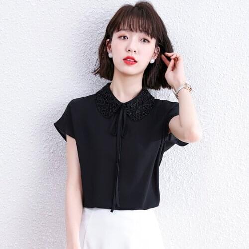 Womens Tops And Blouses Black Chiffon Blouse Office Shirt Blusas Mujer De Moda 2021 fashion Short sleeve Women Shirts Clothes