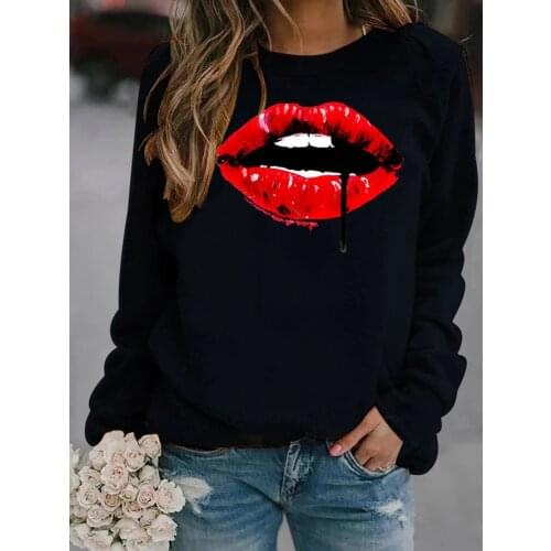 Women Hoodie Red Lip Printed Hoodies Women Fleece Long Sleeve O Neck Loose Sweatshirt Girls Pullovers Autumn Winter