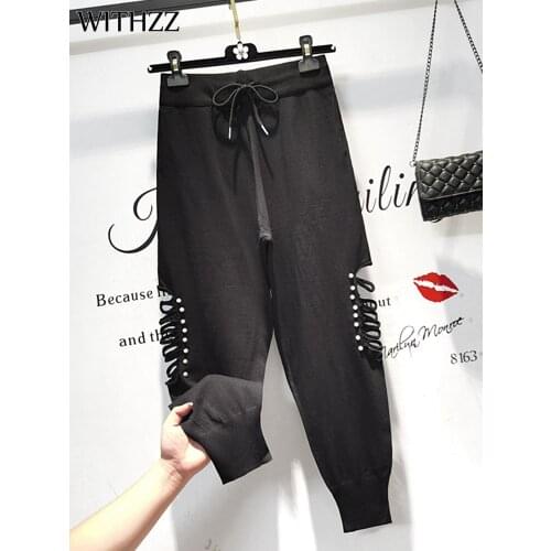 WITHZZ Women Spring Autumn High Waist Trousers Loose Female Hole Embroidered Flares Sports Casual Knitted Harem Pants