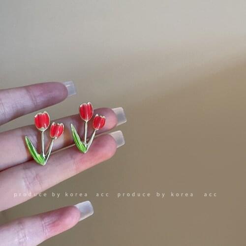 French Vintage Red Enamel Flower Earrings for Women Gold Color Alloy Tulip Floral Statement Dangle Earrings Party Pendientes