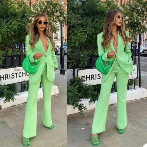Women One Button Green Pocket Blazer Suits Streetwear Pants Suit Jacket With Trouser Custom Made Two Pieces Set