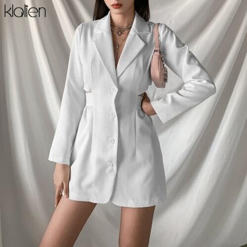 KLALIEN Autumn Fashion Elegant Office Lady Mini Dress Slim Korean White Simple Casual Women Bodycon Dress 2020 New Streetwear