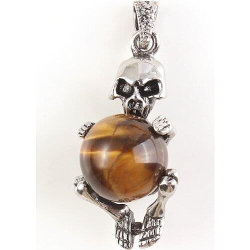 100-Unique Hyperbole 1 Pcs Silver Plated Skeleton with Natural Tiger Eye Stone Pendant For Cool Men Jewelry