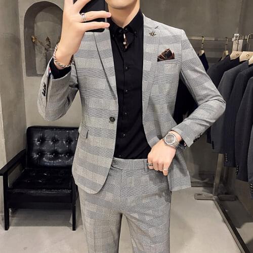 2 Pcs Set Blazers Jacket Pants / 2021 Fashion New Mens Casual Boutique Business Slim Formal Banquet Plaid Suit Coat Trousers