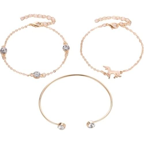 3 Pcs / Set Bling Starry Clear Crystal Golden White Unicorn Alloy Open Adjustable Fashion Bracelets For Women Girls