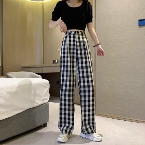 Zoki Retro Plaid Pants Womens Simple Loose Straight High Waist Wide Leg Pants Street Wear Korean Style Summer Fashion 2021 New