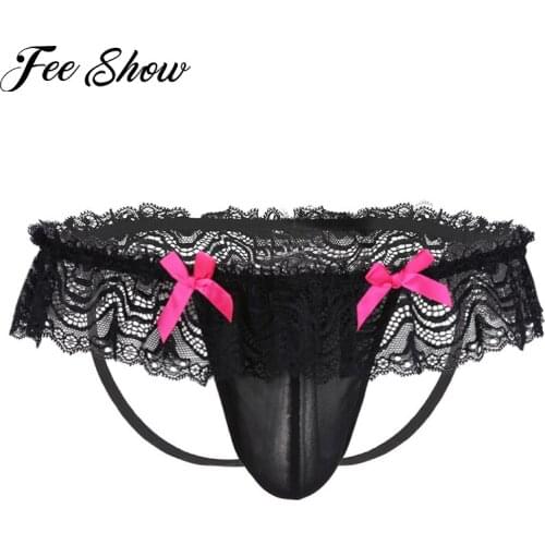Black Sexy Mens Lingerie See Through Briefs Underwear Mesh Lace Bowknot Open Butt Jockstrap Bikini Briefs Underwear Underpants