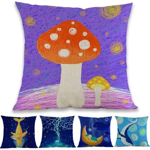 Colour Hand-painted Style Cartoon Imagination Animal Night landscape Throw Pillow Case Sofa Kids Room Decorative Cushion Cover