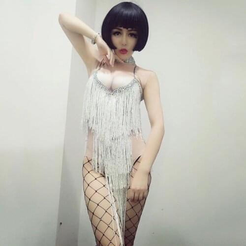 Exy Silver Rhinestone Fringes Bodysuit Woman Birthday Dance Party Jumpsuit Nightclub Female Singer Dancer Show Stage Wear