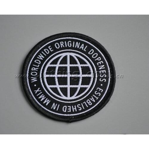Custom woven patch for clothing, with over lock edge, with heat transfer glue on, low moq