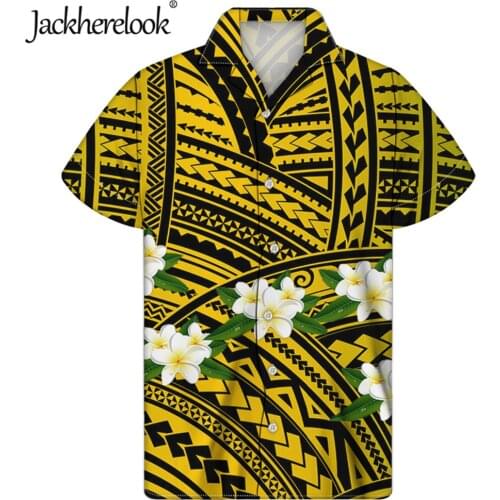 Jackherelook Polynesian Tribal Hibiscus Print Cuban Guayabera Hawaiian Top Shirts for Mens Short Sleeve Clothes Camisa masculina