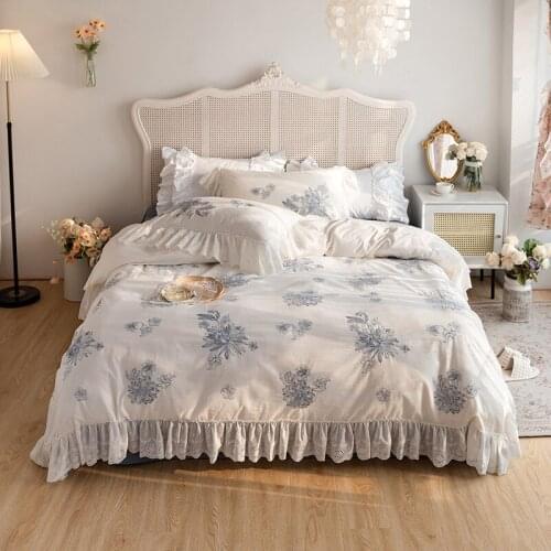French Princess Style Washed Cotton Flowers Embroidery Fairy Bedding Set Ruffle Duvet Cover Quilt Cover Comforter Set Bed Linen