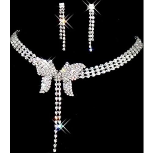 Luxury Female White Crystal Jewelry Set Charm Silver Color Butterfly Dangle Earring For Women Cute Zircon Wedding Chain Necklace