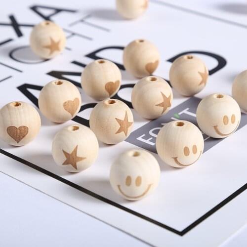 MRHUANG 20pcs/pack 20mm Wooden Round Beads Star Smile Heart Pattern Beads fit For DIY Bracelet Accessroies