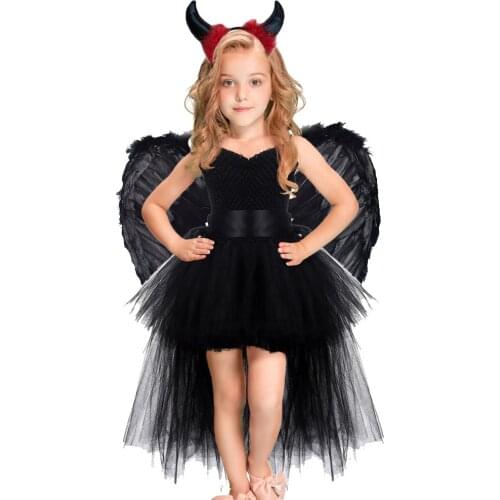 Cosplay Black Angel Costumes Children Mesh Tutu Sling Long Tail Length Dress for Girls Devil Costume Cosplay Outfits with Wings