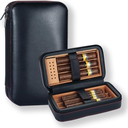 Travel Cigar Humidor Box Leather Cigar Case Portable Cedar Wood Humidor Hold 6 Cigars With Humidifier