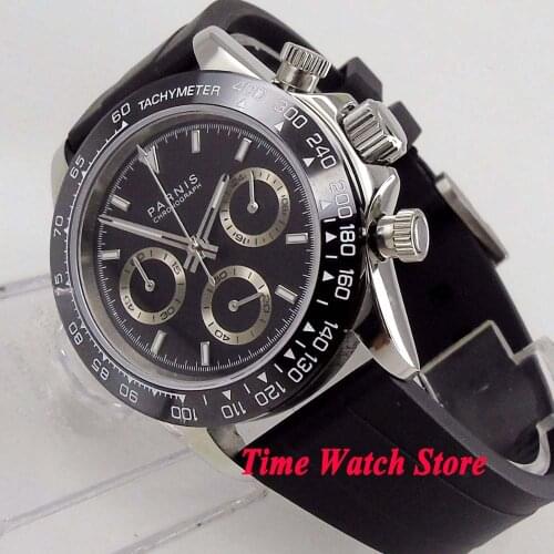 Luxury 39mm PARNIS Quartz watch men waterproof rubber strap 24 hours Chronograph black dial luminous sapphire stop wrist 1190