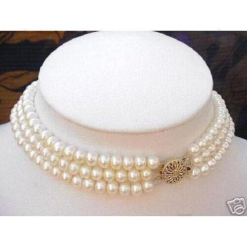 Real charming south set 3 Strand 8-9MM natural White Pearl Choker Necklace c
