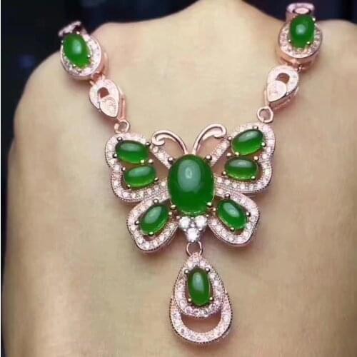 Natural green jasper gem Pendant necklace S925 silver Natural gemstone necklace Luxury butterfly women party gift jewelery