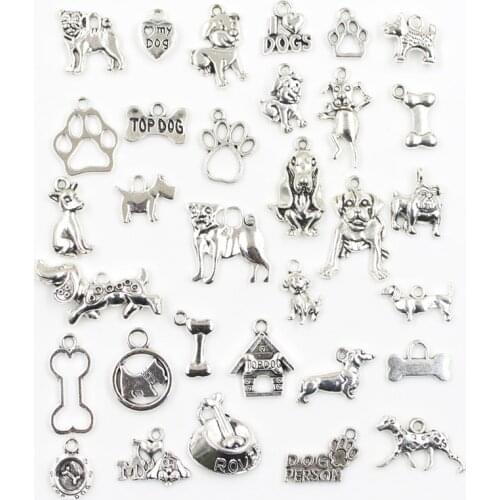 30pcs Charms I love Dog person Top dog bone dog paw Antique Silver Color Mixed Pendants DIY Findings Tibetan Jewelry Craft