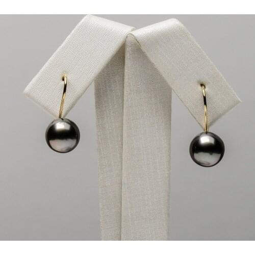 8-9mm Round Black Real Tahitian Pearl Leverback drop Earrings 14k Yellow Gold