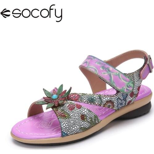 Socofy Retro Bohemian Flower Decor Print Splicing Buckle Genuine Leather Hook Loop Flat Sandals Summer Womens Stripe Shoes