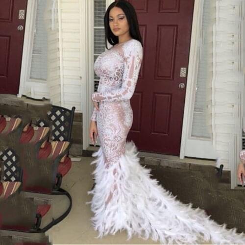 Sparkly Rhinestones Feather Nude Dress Sexy Nightclub Full Stones Long Big Tail Dress Costume Prom Birthday Celebrate Dresses