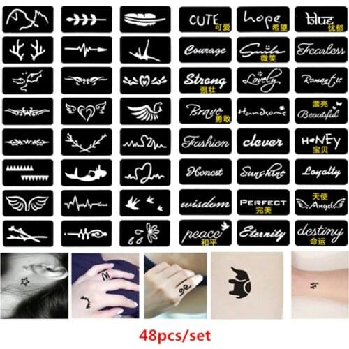 48pcs/set Glitter Tattoo Stencil Letters Mermaid Birds Henna Tattoo Stencil Reusable Airbrush Stencil Henna Plantilla Template
